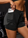 Shorts esportivos elásticos femininos, shorts com bolsos, leggings de duas peças para corrida e treinamento