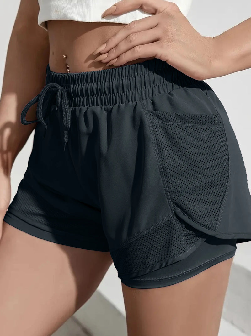 Shorts esportivos elásticos femininos, shorts com bolsos, leggings de duas peças para corrida e treinamento