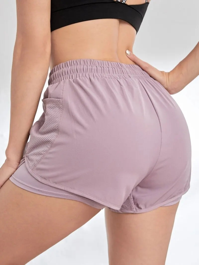 Shorts esportivos elásticos femininos, shorts com bolsos, leggings de duas peças para corrida e treinamento