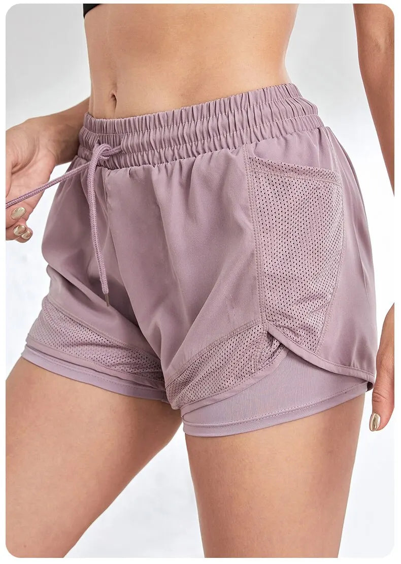 Shorts esportivos elásticos femininos, shorts com bolsos, leggings de duas peças para corrida e treinamento