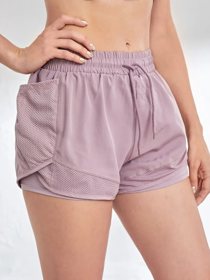 Shorts esportivos elásticos femininos, shorts com bolsos, leggings de duas peças para corrida e treinamento