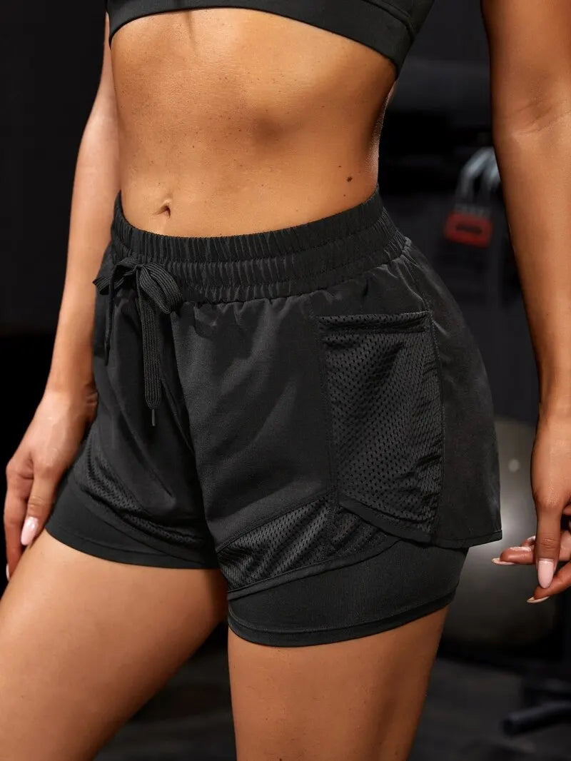 Shorts esportivos elásticos femininos, shorts com bolsos, leggings de duas peças para corrida e treinamento