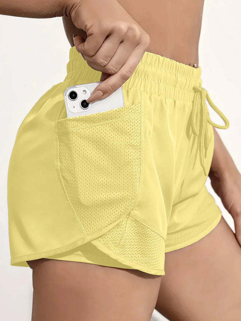 Shorts esportivos elásticos femininos, shorts com bolsos, leggings de duas peças para corrida e treinamento