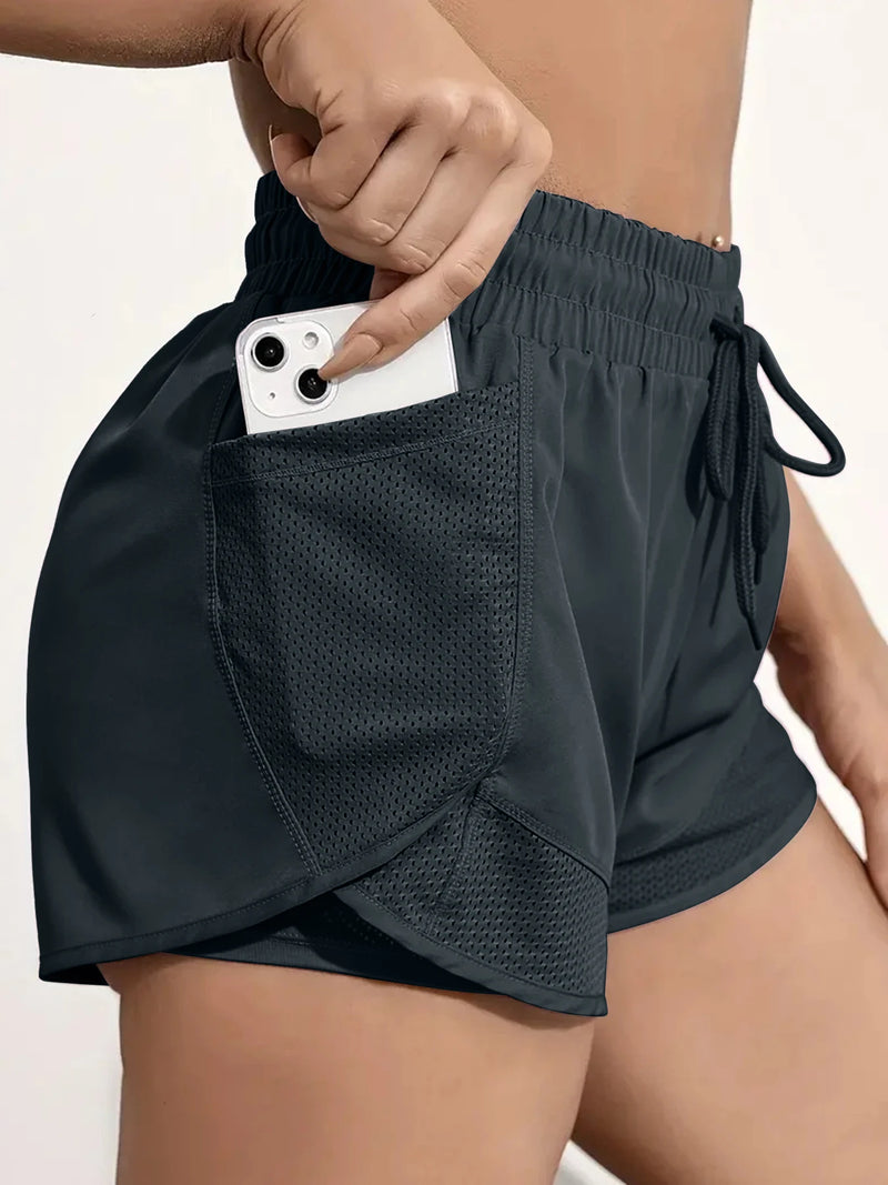 Shorts esportivos elásticos femininos, shorts com bolsos, leggings de duas peças para corrida e treinamento