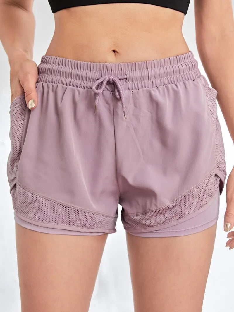 Shorts esportivos elásticos femininos, shorts com bolsos, leggings de duas peças para corrida e treinamento