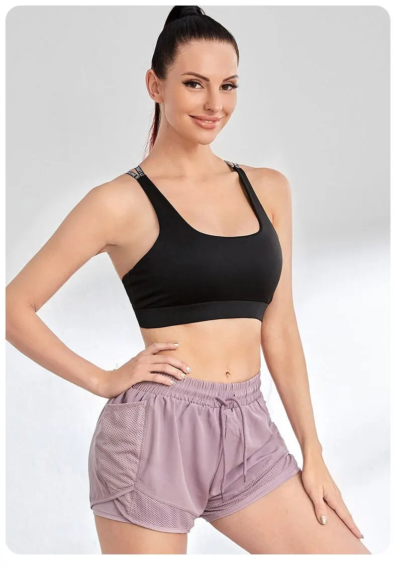 Shorts esportivos elásticos femininos, shorts com bolsos, leggings de duas peças para corrida e treinamento