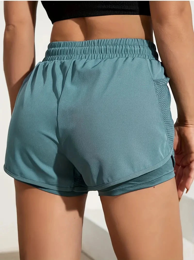 Shorts esportivos elásticos femininos, shorts com bolsos, leggings de duas peças para corrida e treinamento